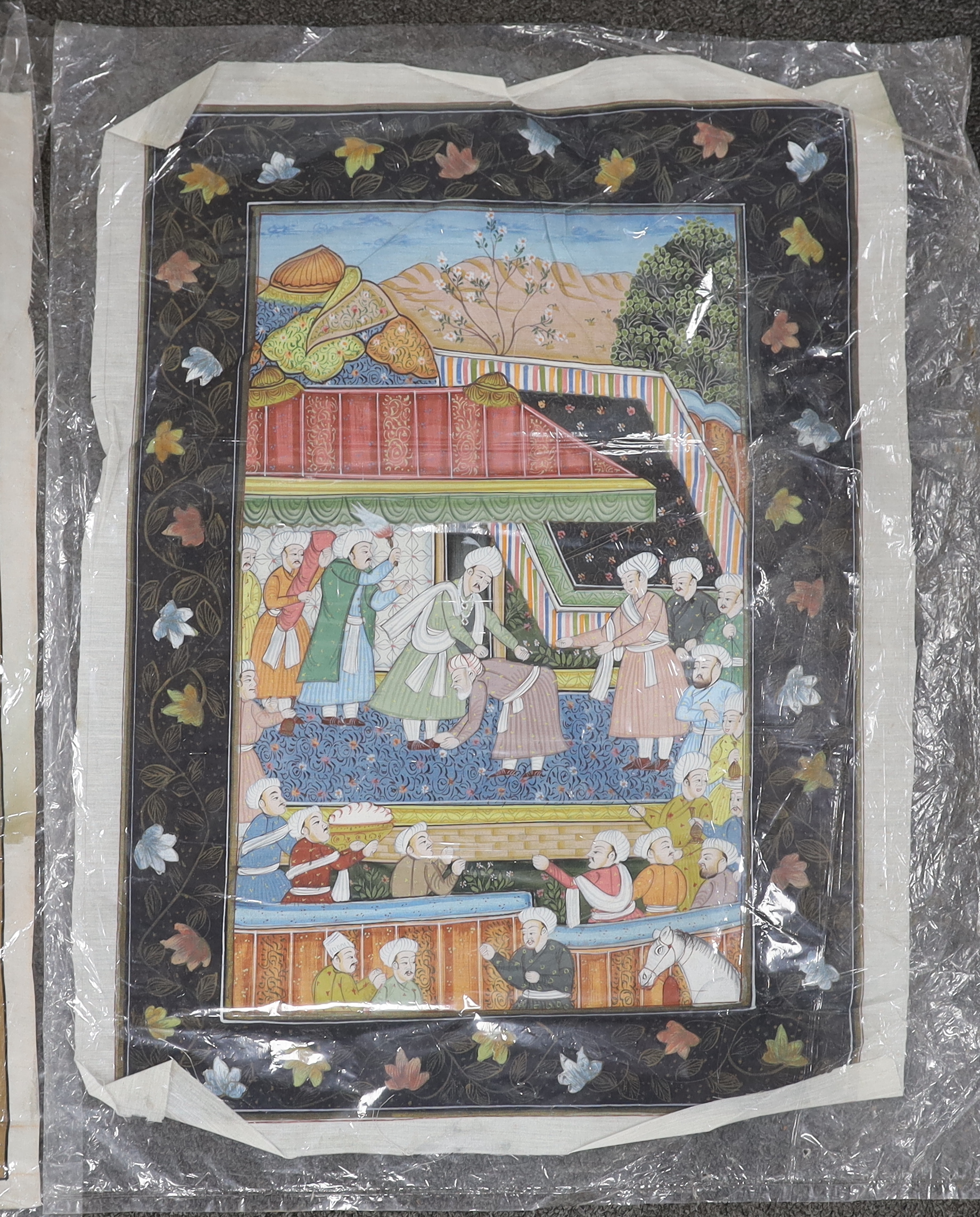 Indian Mughal style, set of three watercolours, emperor and attendants and figures dancing, unframed, 52 x 39cm